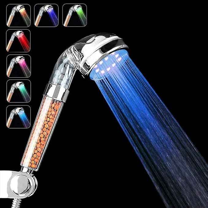 PRUGNA LED Shower Head with Hose and Shower Arm Bracket, High-Pressure Filter Handheld Shower for Repair Dry Skin and Hair Loss - 7 Colors Change Cyclically