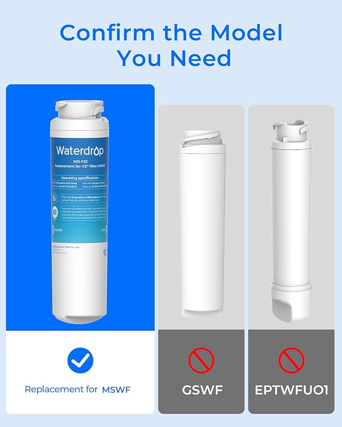 Waterdrop MSWF Refrigerator Water Filter, Replacement for GE® MSWF, 101820A, 101821B, RWF1500A, NSF 42&372 Certified, Pack of 3 - AquaVibe