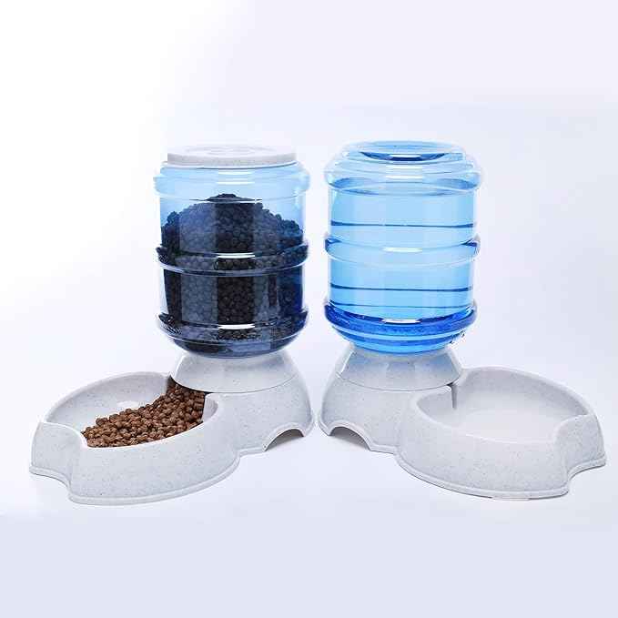 Pet Feeder and Water Food Dispenser Automatic Water Bowl for Dogs Cats, BPA-Free, Gravity Refill, Self Feeding for Small Medium Pets Puppy Kitten Rabbit - 1 Gallon 3.8L (Waterer + Feeder)