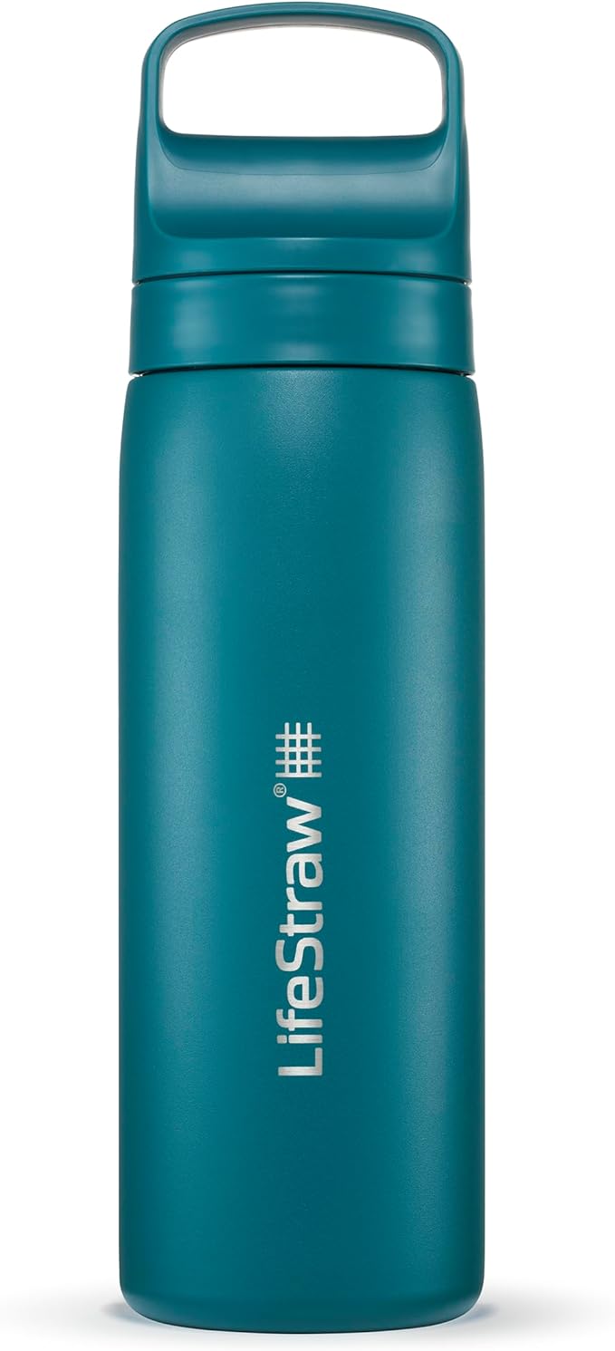 LifeStraw Go Series – Insulated Stainless Steel Water Filter Bottle for Travel and Everyday Use, Removes Bacteria, Parasites and Microplastics, Improves Taste, 18oz Laguna Teal