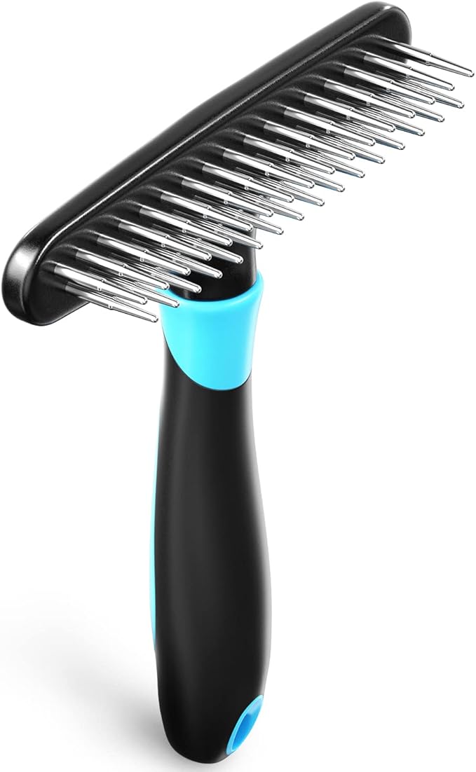 Deshedding Brush - Undercoat Rake for Dogs, Cats, Matted, Short, Long Hair Coats - Double Row Stainless Steel Pins - Reduce Shedding by 90% (Blue) - AquaVibe