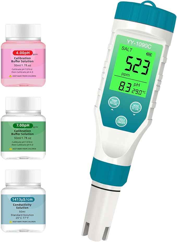PH Meter for hydroponics & Spa Salt Tester – 5‑in‑1 pH, Salinity, TDS, EC & Temp Meter with 12.88 mS/cm Calibration – Saltwater Pool, Hot Tub & Aquarium Water Quality Monitor