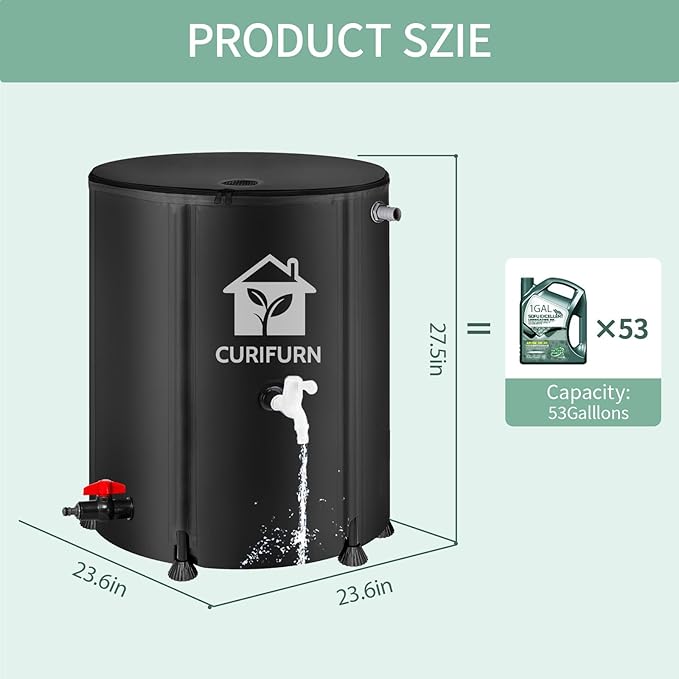 53 Gallon Rain Water Barrel, Portable Rainwater Collect System Water Storage Tank Collapsible Rain Barrel with Filter, Spigot & Overflow Kit (Reinforced Liner+Thickened Legs) - Black
