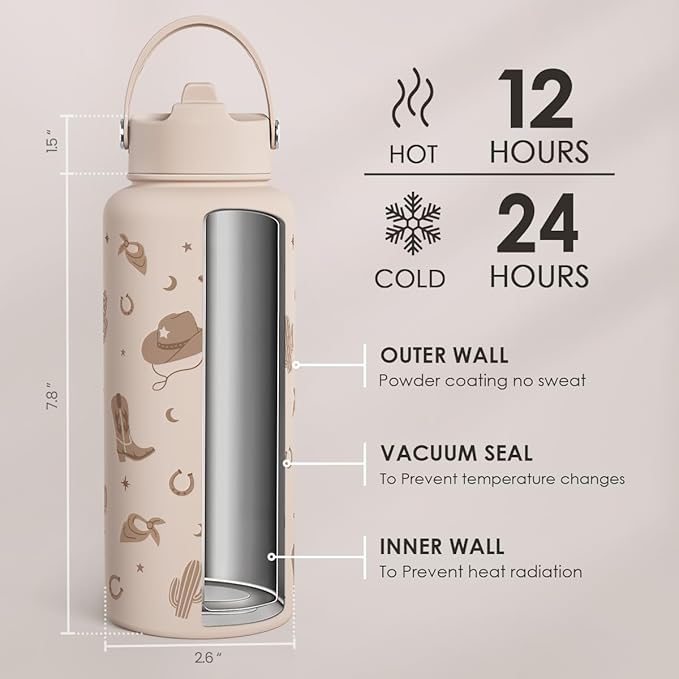 Western Cowgirl Water Bottle 32oz Stainless Steel with Lid, Insulated Bottles for Women Girls, Gift Idea for Birthday Christmas