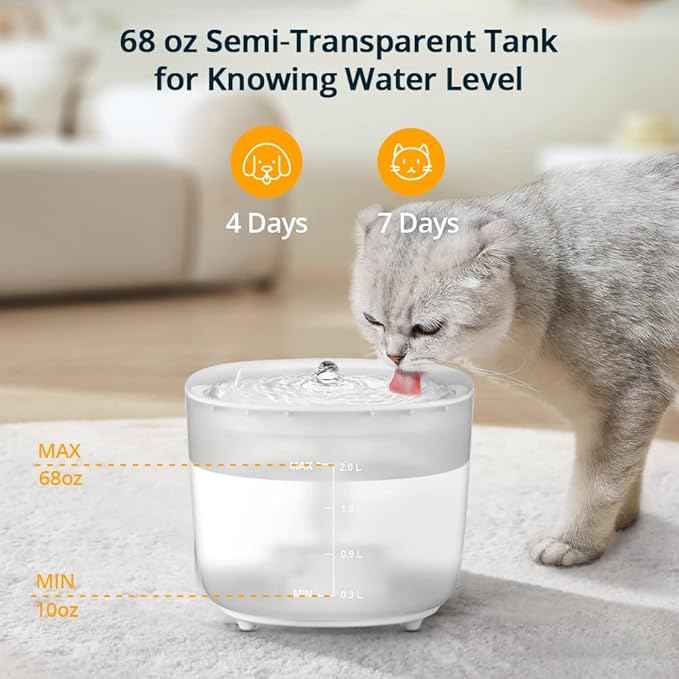 Cat Water Fountain with Wireless Pump, 68oz/2L Ultra Quiet Cat Fountain, Automatic Pet Drinking Fountain for Cats Dogs Inside with 2 Flow Modes, LED Light Indicator, Filter Included,White