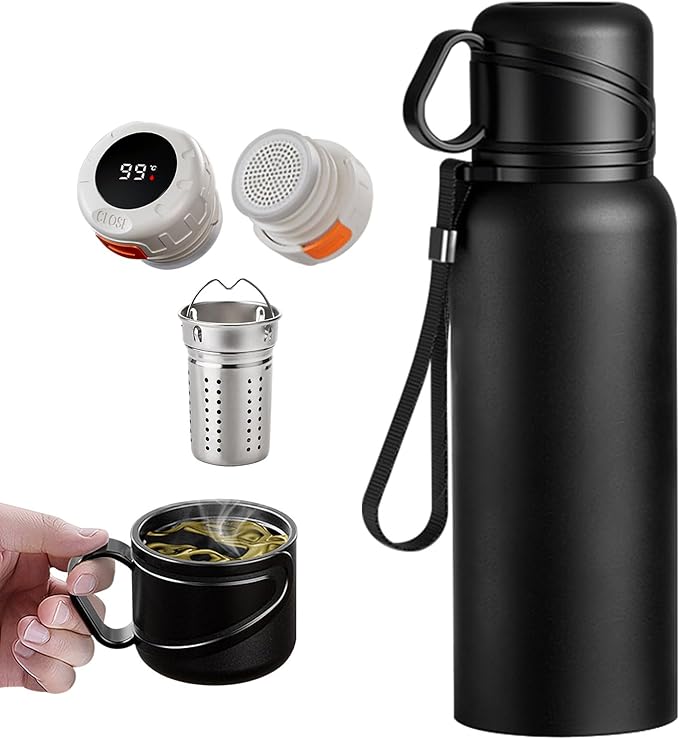 Double wall vacuum Leakproof stainless steel wide mouth insulated water bottle;tea tumbler with infuser,cup,lid;smart thermoses hot drinks;thermal flask ice coffee with led digital temperature display