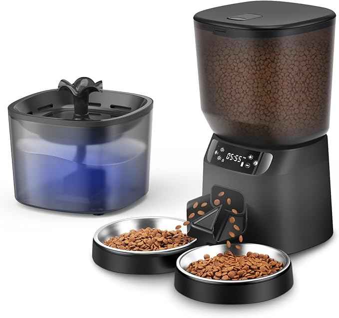 Automatic Cat Feeder and Water Dispenser Set, 5L/20 Cups Timed Cat Dry Food Dispenser, 2L Cats Water Fountain for Drinking with Filter, 10s Meal Call, 20 Portions 6 Meals Per Day