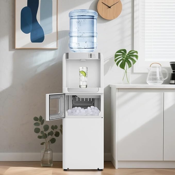 4 in 1 Water Cooler Dispenser with Ice Maker, Hot & Cold Water Dispenser for Home & Office, 33lbs/24H Bullet Ice, Top Loading 3-5 Gallon, Child Safety Lock, Ice Ready in 7 Min (White)