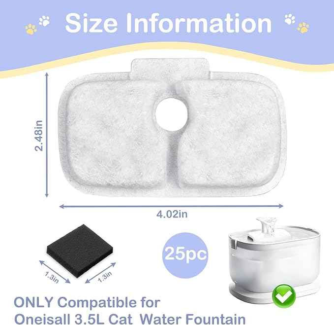 50 Packs for Petlibro Cat Water Fountain Filters Replacement, Compatible with Cat Water Fountain PLWF005 PLWF105 PLWF115 (25 Replacement Water Filters + 25 Pre-Filter Sponges)