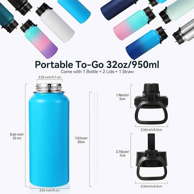 Neihepal 32 oz Insulated Water Bottle with 2 Lids (Straw & Spout Lid), 18/8 Stainless Steel Double Wall Water Bottles for Gym, Travel, Camping, Sports (Bule,1 Pack)