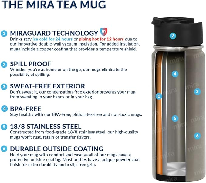 MIRA 18 oz Tea Infuser Thermo - Stainless Steel Travel Bottle with Removable Strainer for Loose Leaf Tea - Insulated Hot & Cold Brew Steeper - Heather