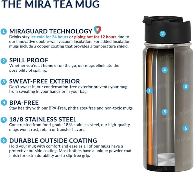 MIRA 18 oz Tea Infuser Thermo - Stainless Steel Travel Bottle with Removable Strainer for Loose Leaf Tea - Insulated Hot & Cold Brew Steeper - Marine