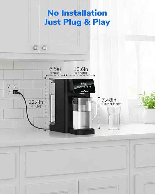 Ecoviva Mate 5 Countertop Reverse Osmosis Water Filter, 8-Stage RO Water Filtration System with 40 oz Water Pitcher, Alkaline Mineralization pH+, Compact Design, Black