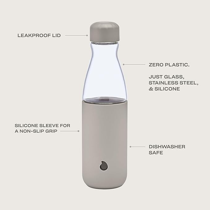 S'well Glass Original Water Bottle, 18oz, Lunar Grey, Borosilicate Glass Bottle With Protective Silicone Sleeve, Zero Plastic, Leakproof, BPA Free