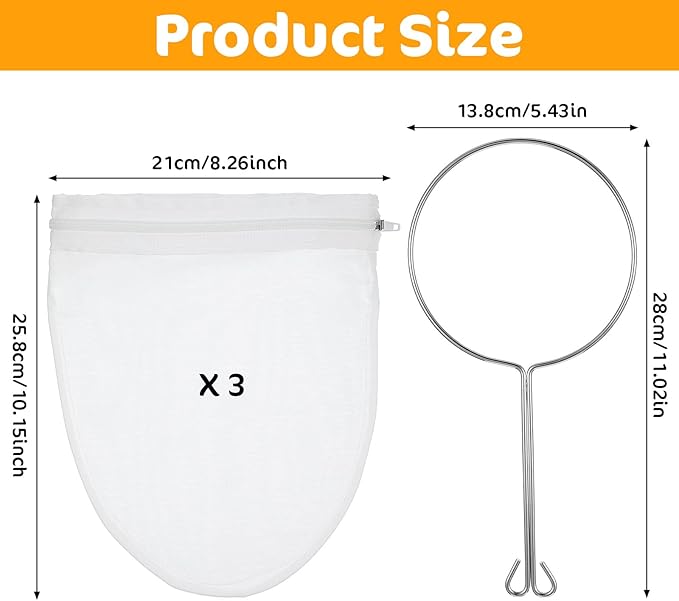 3Pcs Ultra Fine Mesh Strainer Bags, Reusable Cheese Cloth Bag for Straining with Stainless Steel Handle Reusable Nut Milk Bags for Nut Milk Coffee Juice Yogurt(Small Size)