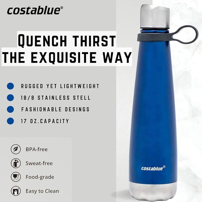 Insulated Water Bottle - On-The-Go Refillable Stainless Steel Water Bottles For Adults, Reusable Thermos Travel Tumbler With Leak-proof Lid For Hot & Cold Beverages (17Oz. Blue)