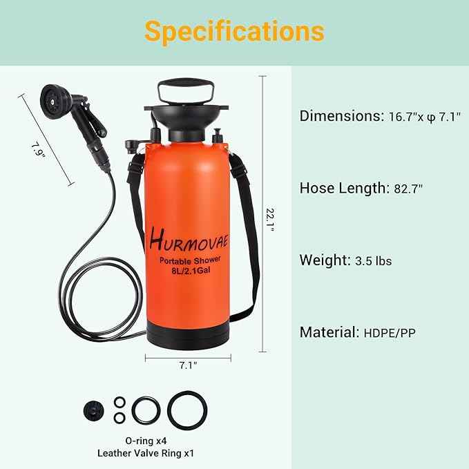 2.1 Gallon/8L Portable Shower–10 Spray Modes, Nylon Insulated Sleeve & No Electric Needed, Beach Shower for Surfing, Camping, Traveling & Hiking, Portable Water Sprayer, Orange