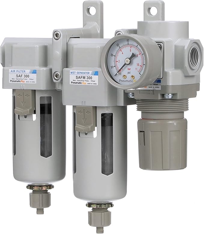 PneumaticPlus SAU330-N03G Three Stage Compressed Air Drying System - Particulate Air Filter, Coalescing Filter, Air Pressure Regulator Combo 3/8" NPT - Poly Bowl, Manual Drain, Gauge - AquaVibe