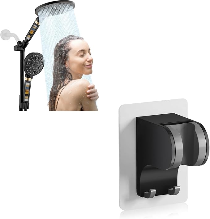 JONKEAN 7.5" Big Filtered Double Shower Head for Hard Water (Black) & JONKEAN 50°Adjustable Shower Head Bracket with Hook (Black, 1 Pack)