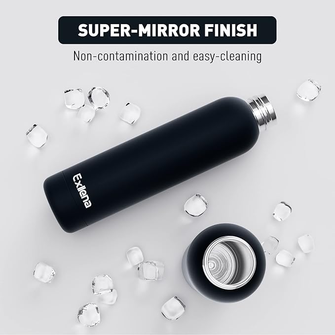 Exllena Slim Insulated Water Bottles for Travel 25oz with Clip, Double Wall Vacuum Stainless Steel Water Bottle Keeps Drinks Cold 24 Hrs/Hot 12 Hrs, 100% Leakproof, BPA Free(Black)