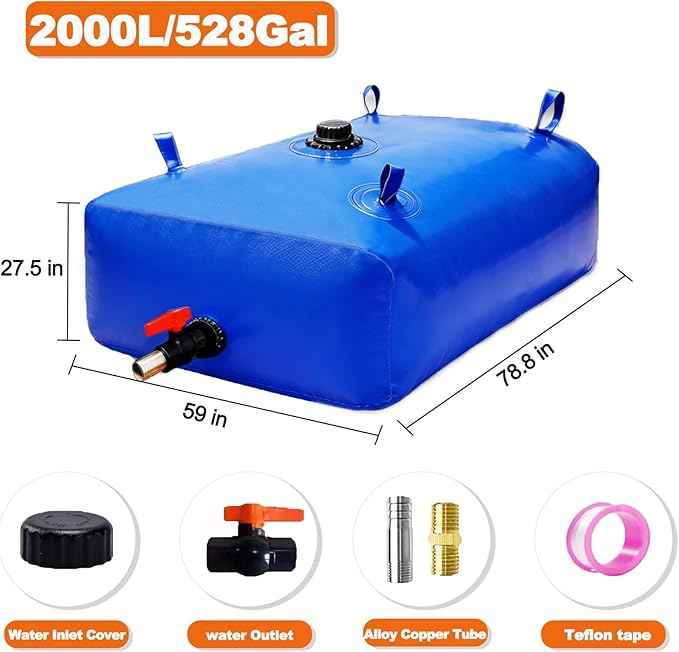 2000 L/528 Gal Water Bladder Tank, Foldable Portable Water Storage Container, Emergency Water Bag for RV, Truck Bed, Fire Prevention, Drought Resistance, Blue
