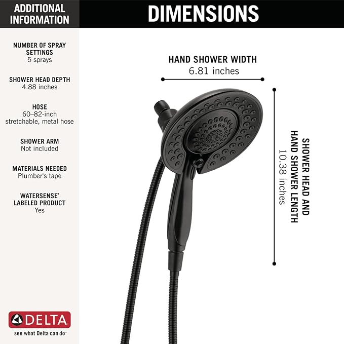 Delta 5-Setting In2ition 2-in-1 Dual Shower Head with HandHeld Spray, Matte Black Detachable Shower Head with Hose, Showerhead, 2.5 GPM Flow Rate, Matte Black 58569-BL25-PK