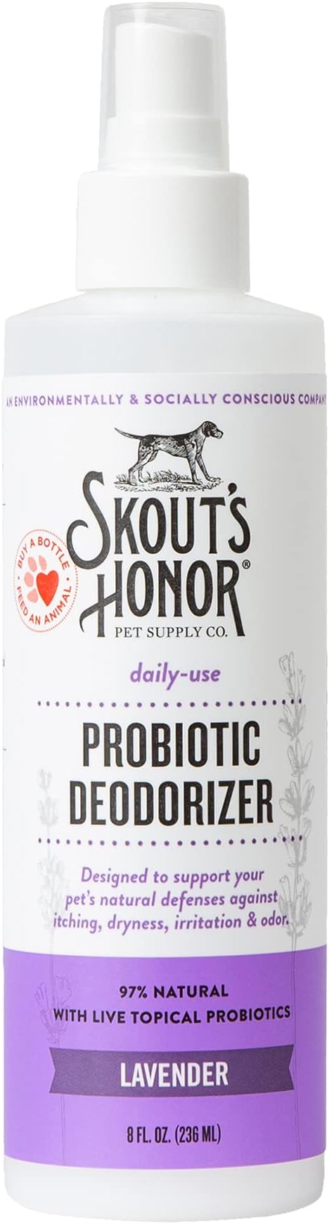 SKOUT'S HONOR Probiotic Pet Deodorizer Spray- Hydrating Daily-Use with Avocado Oil & Omega-3s, Microbiome Friendly Certiified, Paraben & Sulfate-Free, 97% Natural, 8oz, Lavender - AquaVibe