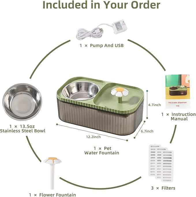 Cat Water Fountain and Food Bowl, 3L/101oz Ultra Quiet Pet Water Dispenser with Smart Pump and 3 Replacement Filters, Automatic Flower Fountain & Stainless Steel Bowl (Black & Green)