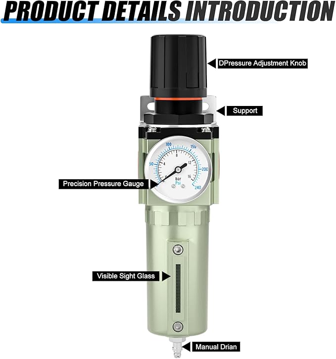 1/2" NPT Heavy Duty Industrial Grade Air Compressor Moisture Filter, Manual Drain, Particulate Filter and Air Regulator For Plasma Cutter and Paint Spray - AquaVibe