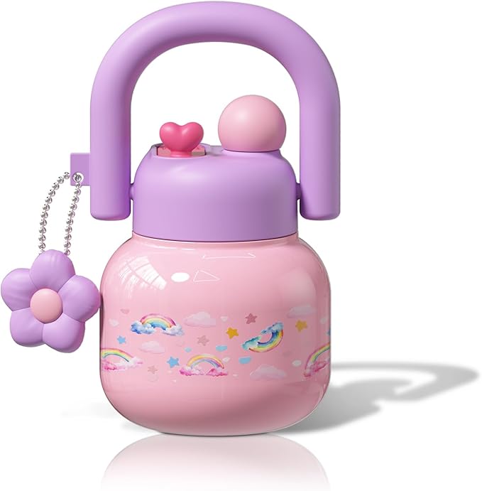 22 oz Tumbler with Straw and Carry Handle, Wide Mouth Insulated Stainless Steel Travel Water Bottle, Leakproof Flask for Nursery, Kawaii Aesthetic Purple Water Jug with 3D Charm
