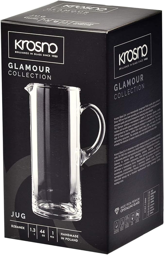 Krosno Glass Water Juice Pitcher Jug, 44 oz, Glamour Collection, Perfect for Home Restaurants and Parties, Fridge Safe, Made in Europe