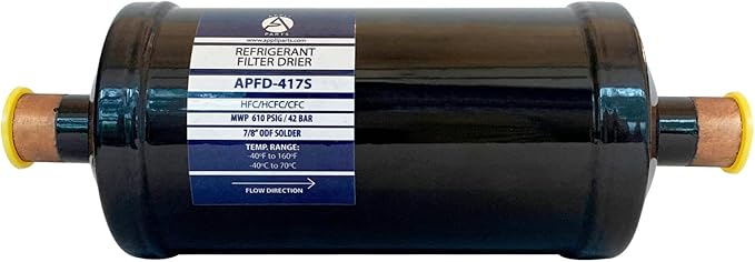 Appli Parts APFD-417S 7/8 in Liquid Line Refrigerant AC Filter Drier hvac Refrigeration 417S ODF Sweat Solder connection universal unidirectional 10-1/2 in long 3-3/4 in wide