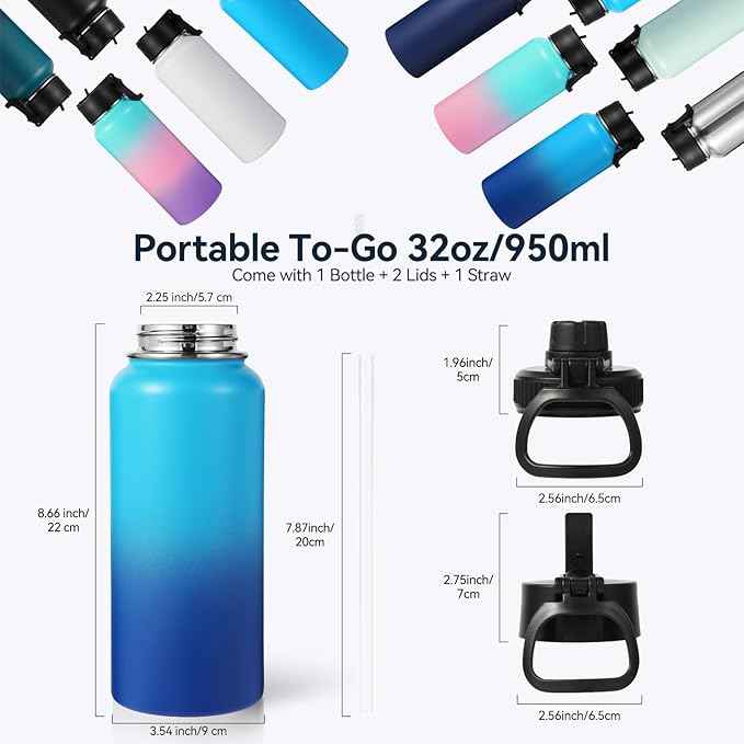 Neihepal 32 oz Insulated Water Bottles with 2 Lids (Straw & Spout Lid), 18/8 Stainless Steel Double Wall Water Bottle for Gym, Travel, Camping, Sports (Green Blue,2 Pack)