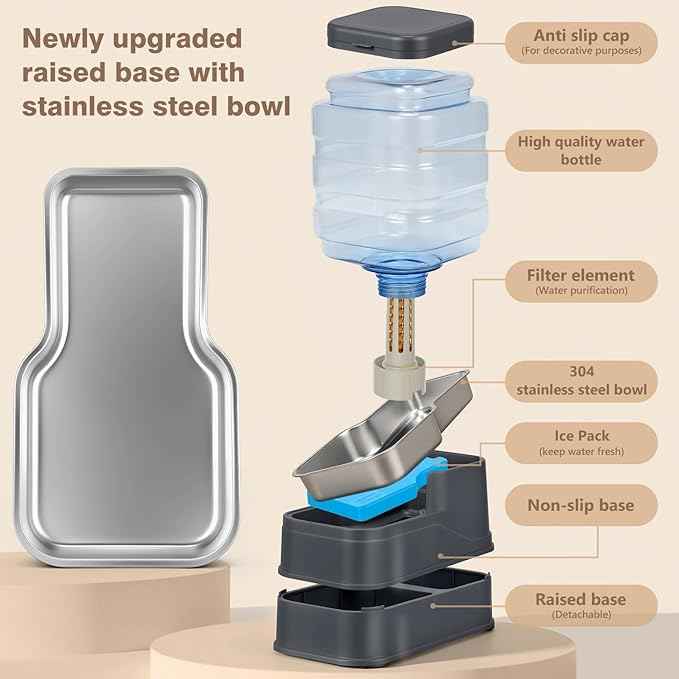 1.1 Gallon Pet Automatic Dog Water Dispenser Cat Gravity Waterer Feeder with Stainless Steel Bowl Large Capacity Puppy Feeding Raised Bowls with Filter,Ice Pack (Charcoal Gray, 4L(1.1 Gallon))