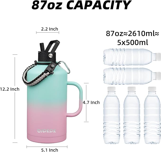 BJPKPK 2/3 Gallon Water Bottle Insulated with Straw Lid, 87oz Large, Stainless Steel Water Bottles with 3 Lids and Paracord Strap, Double Wall Vacuum Metal Water Jug,Marshmallow