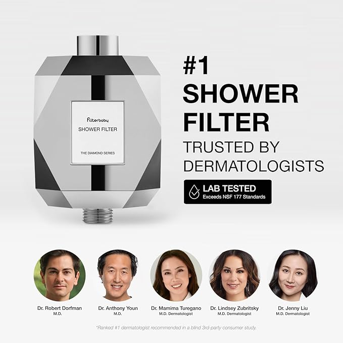 Filterbaby Diamond Shower Filter, IAPMO Certified to NSF177 Standard,Expert Developed Filter for Skin&Hair,Lab Tested to Reduce up to 99%Chlorine,Chloramine&Impurities,Eco Friendly Long Lasting,Chrome