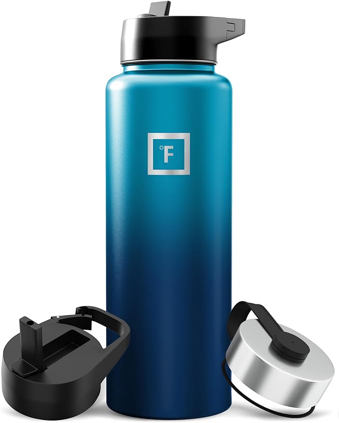 IRON °FLASK Camping & Hiking Hydration Flask with Straw, Wide Mouth Insulated Stainless Steel Sports Water Bottle - 40 oz Dark Night