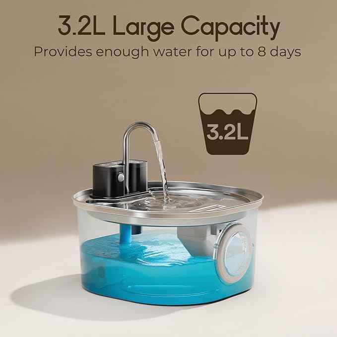 Voluas Stainless Steel Cat Water Fountain-Wireless Pet Water Fountain Battery Operated,108oz/3.2L, Automatic Water Dispenser for Dogs with Quiet Pump,Easy Clean BPA-Free for Cats, Dogs, Multiple Pets