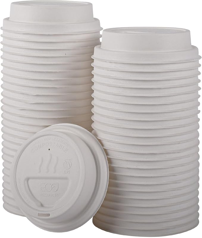 Eco-Products Compostable Molded Fiber Coffee Cup Lids, Case of 1000, White GreenStripe Tops, Fits 8oz Hot Cups, Disposable White Molded Fiber, No PFAS, Tree-Free, ASTM Compliant, BPI-Certified