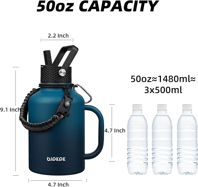 BJPKPK Large Insulated Water Bottles with Straw Lid & Handle, 50oz Water Bottle with 3 Lids and Paracord Strap, Stainless Steel Metal Water Bottle, Insulated Water Jug, Vast
