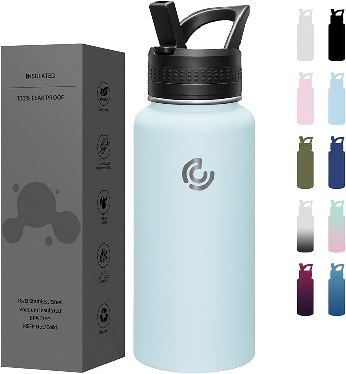 COKTIK 32oz Sports Water Bottle, Stainless Steel Water Bottle for Insulated, Reusable Travel Bottle, With Straw, With Handle Grip for Easy Carrying, Suitable for Cycling, Outdoor Vacations(FOG)