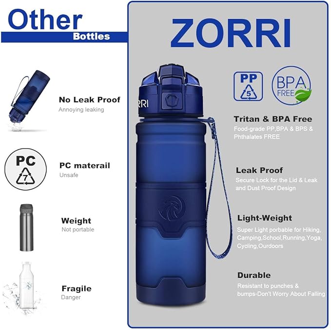 ZORRI Sports Water Bottle, 400/500/700ml/1L, BPA Free Leak Proof Tritan Lightweight Bottles for Outdoors,Camping,Cycling,Fitness,Gym,Yoga- Kids/Adults Drink Bottles with Filter, Lockable Pop Open Lid