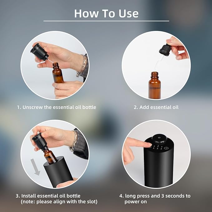 Waterless Essential Oil Diffuser for Home Battery Operated Cordless Scent Diffuser with Timing & 3 Mist Levels car Diffuser，Black Aluminum Alloy