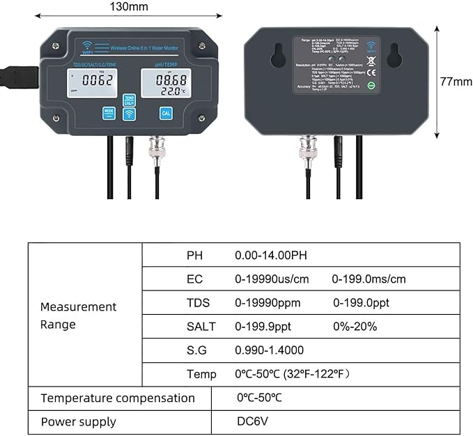 Smart Water Quality Monitor, PH EC TDS Salt Temp Data Logger Tester, Professional 6 in 1 Multi-Parameter Water Testing Meter with App Control, for Swimming Pools, Household Drinking Water