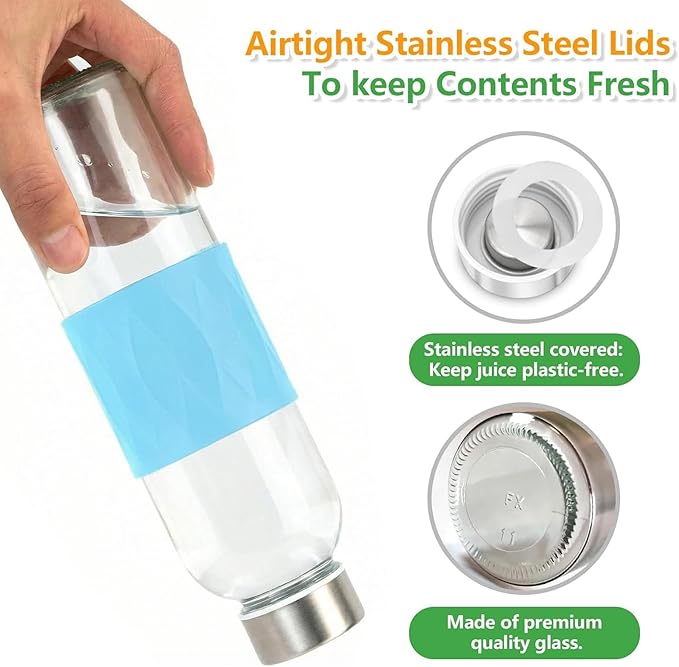 Zukro 18 oz Glass Water Bottles with Lids, 6 Pack Leak Proof Juice Bottles With Stainless Steel Cap for Juicing, Smoothie, Homemade Beverages Container, Reusable Drinking Jar with Grip Band, BPA Free