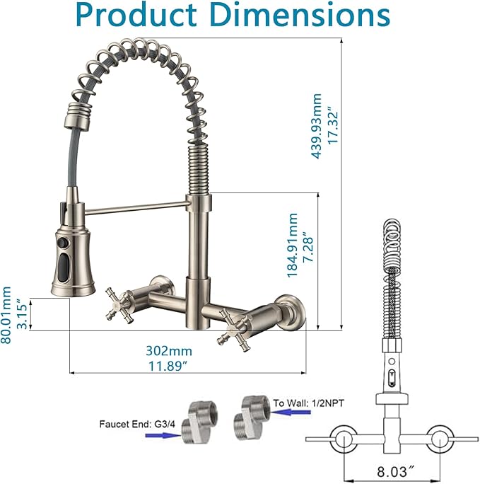 Wall Mount Kitchen Faucet, 8 Inch Center Wall Mount Faucet with Pull Down Sprayer, Commercial Spring Wall Faucet for Kitchen Sink, 3 Functions, Dual Handle, 304 Stainless Steel, Brushed Nickel