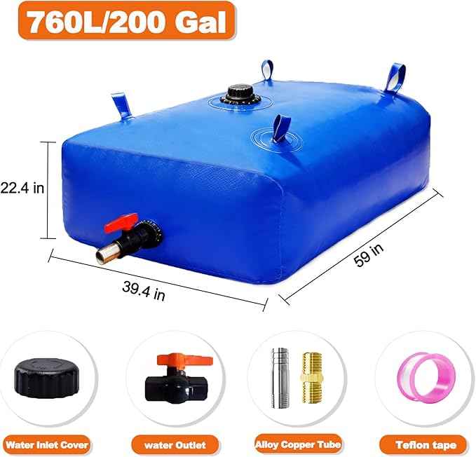 760 L/200 Gal Water Bladder Tank, Foldable Portable Water Storage Container, Emergency Water Bag for RV, Truck Bed, Fire Prevention, Drought Resistance, Blue