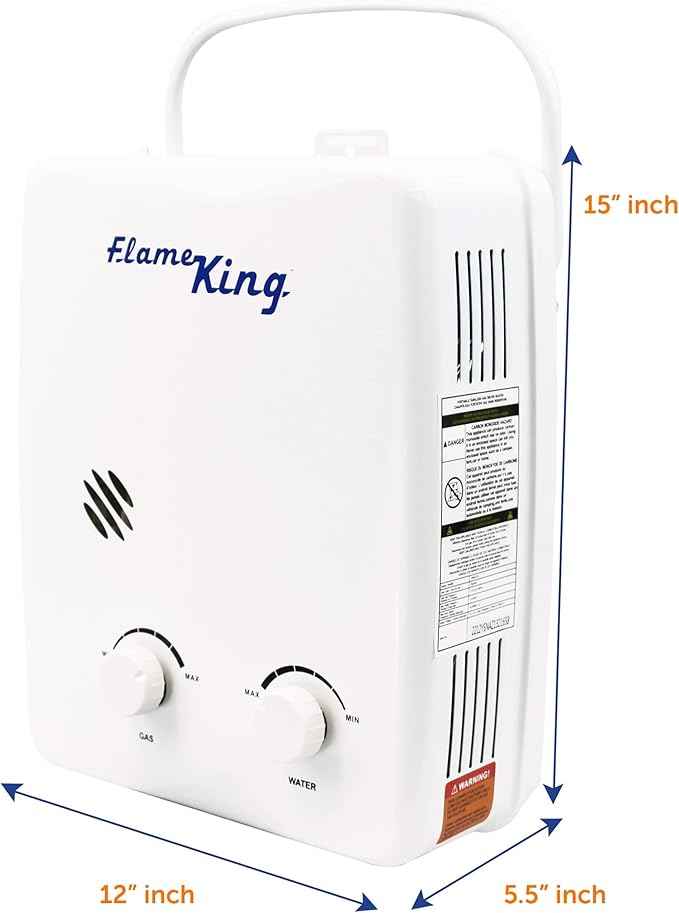 Flame King YSNAZ132 Portable Tankless Water Heater Propane Gas 5L 1.32GPM at 34,000 BTU, Outdoor Instant Hot Water Shower for RV, Camping, Farm, Cabins
