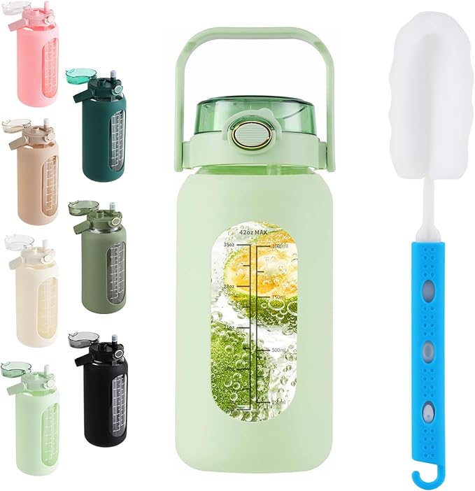 SIEROZUR 64 oz Glass Water Bottle with Straw and Handle Lid Half Gallon Motivational Glass Bottle with Silicone Sleeve and Time Marker Large Reusable Sports Water Jug for Gym Home Workout