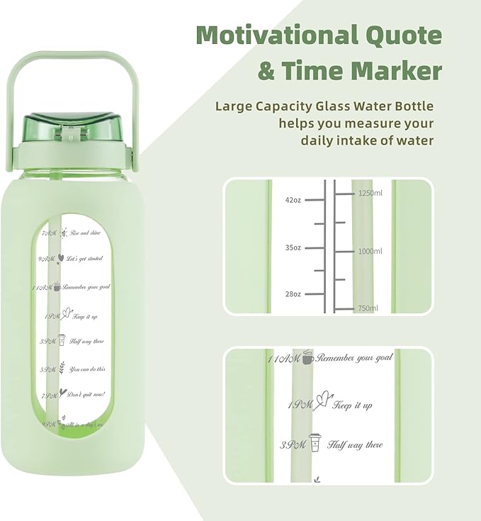 SIEROZUR 64 oz Glass Water Bottle with Straw and Handle Lid Half Gallon Motivational Glass Bottle with Silicone Sleeve and Time Marker Large Reusable Sports Water Jug for Gym Home Workout